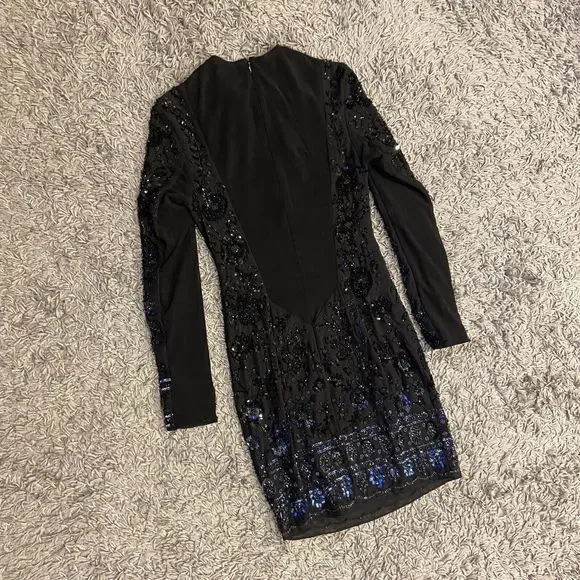 Needle & Thread Long Sleeve Lace Sequin Embellished Mini Dress Black Midnight 0